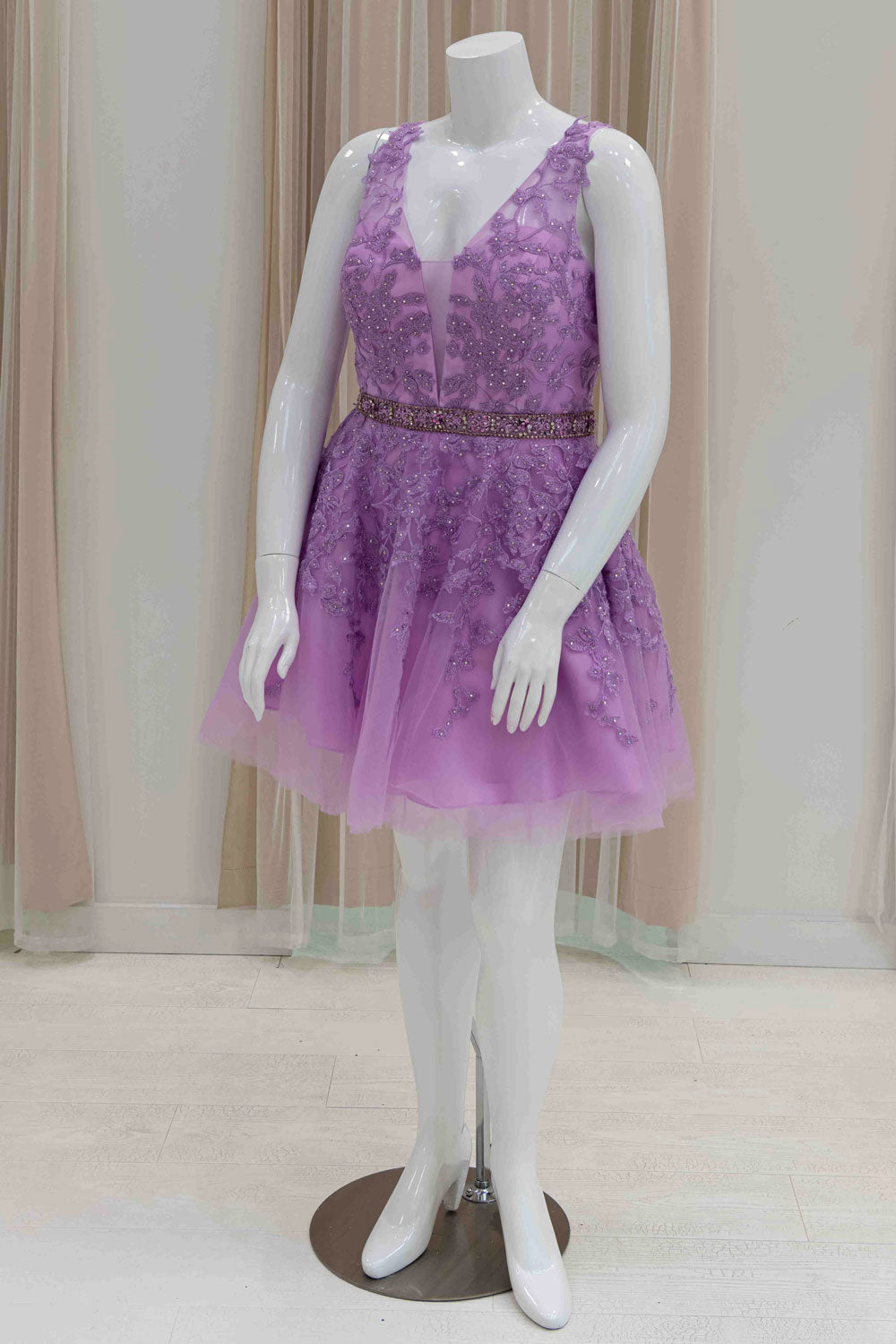 Fit and Flare Cocktail Dress with Beaded Belt in Purple