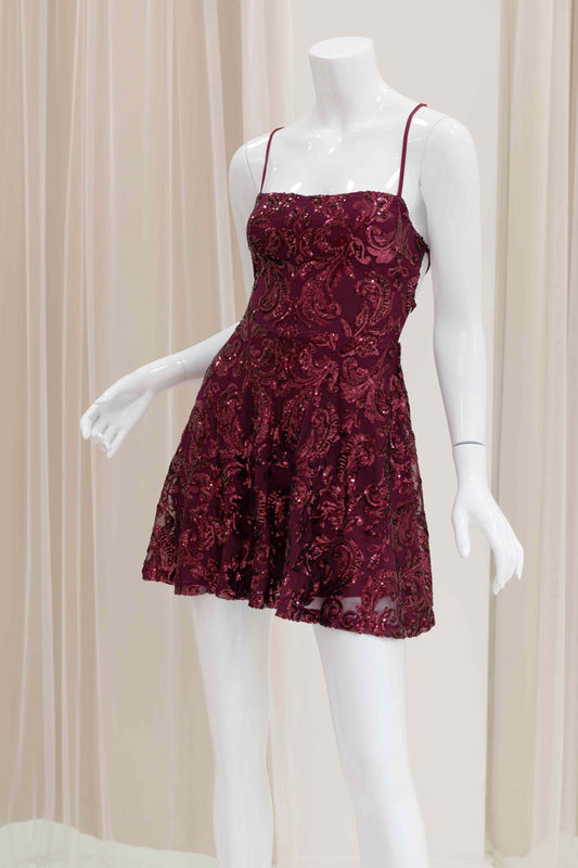 Jessica Rose Sequin Fit and Flare Dress in Burgundy