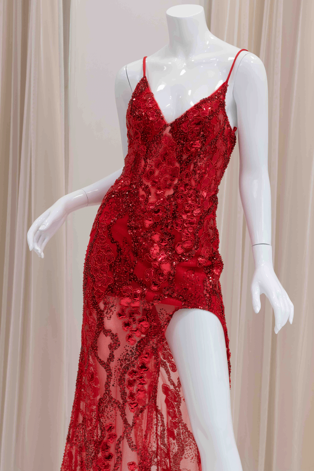 Mirror Beaded Evening Gown  in Red