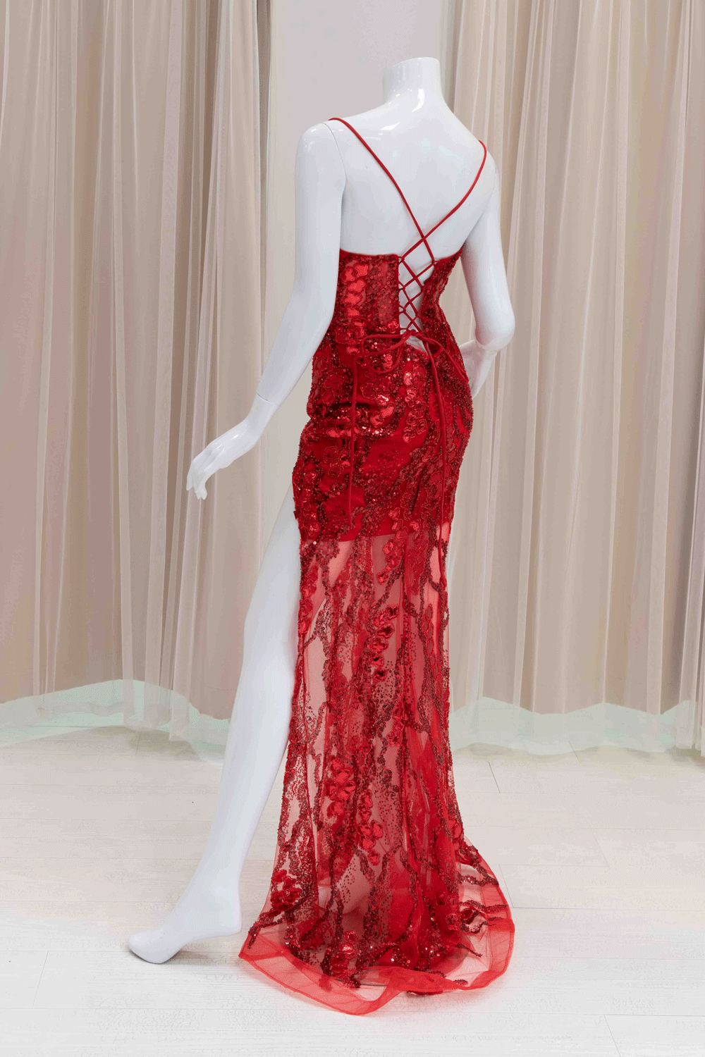 Mirror Beaded Evening Gown with Train and Slit
