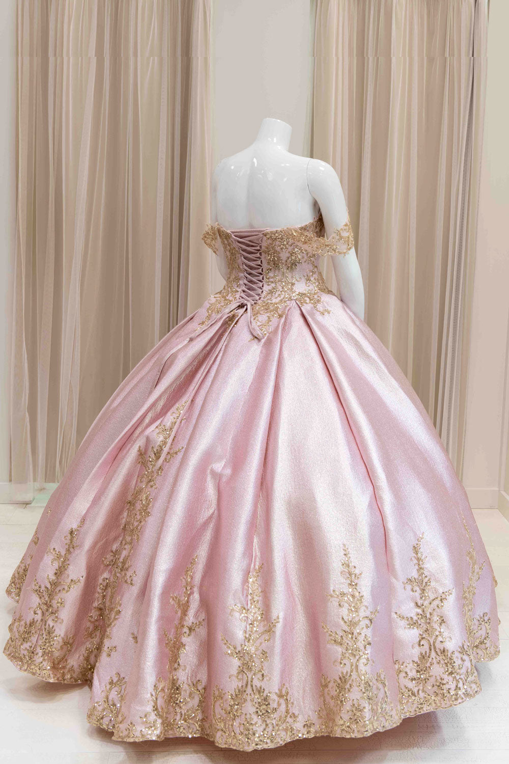 Off Shoulder Sweet 16 Ball Gown in Pink and Gold