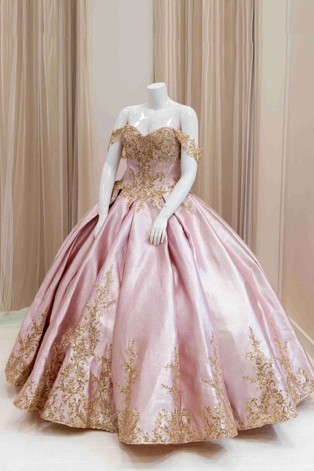 Off Shoulder Pink and Gold Quinceanera Dress