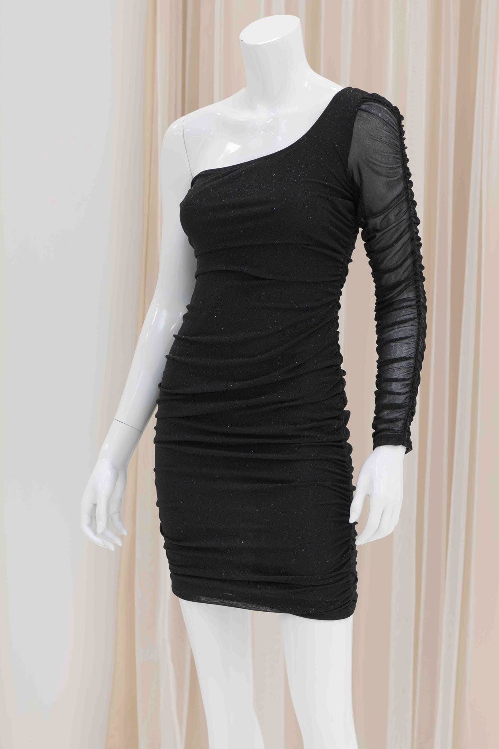 One Shoulder Glitter Stretchy Mini Dress in Black
