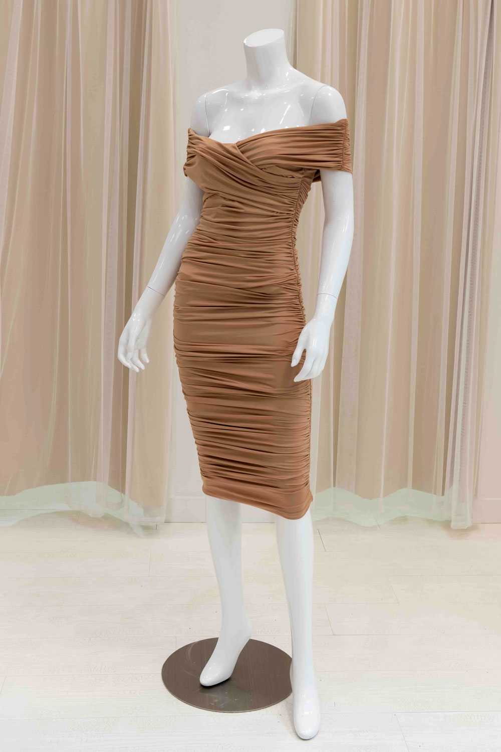 Off Shoulder Ruched Midi Dress in Nude
