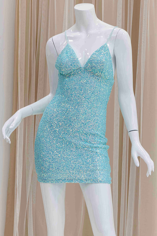 Sequin Open Back Cocktail Dress in Mint Green