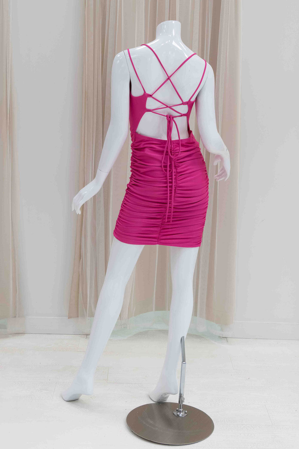 Hot Pink Tie Back Ruched Mini Party Dress