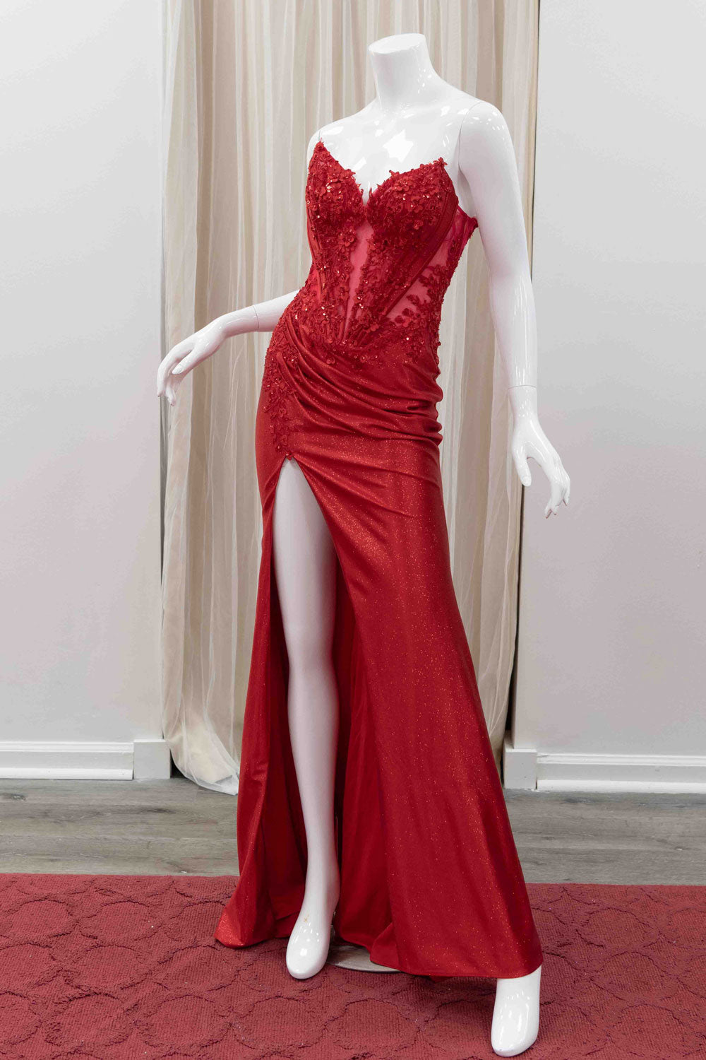 Red Corset Strapless Glitter Prom Gown