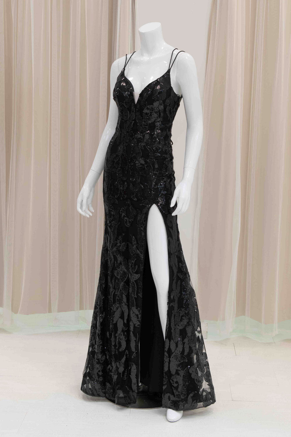Sequin Evening Gown with Slit in Black