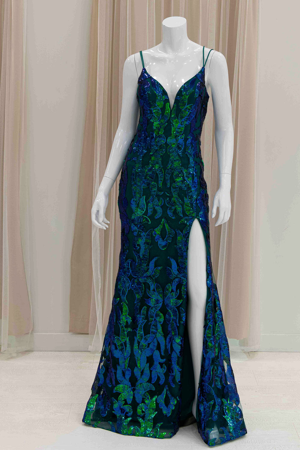 Iridescent Green Sequin Evening Gown with Slit