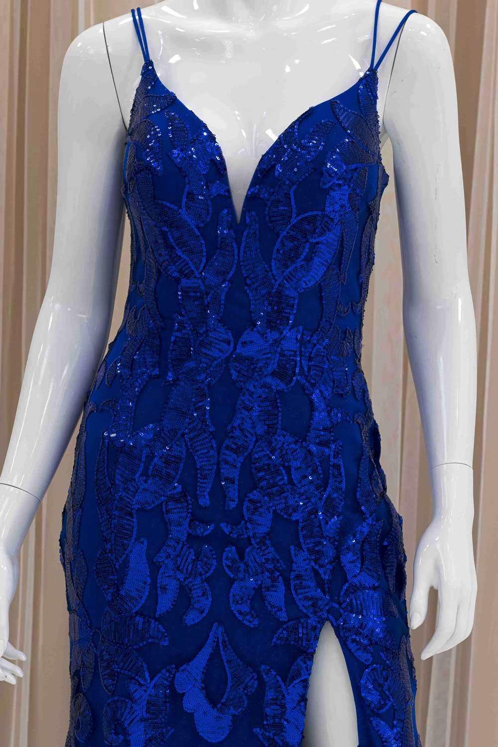 Sequin Evening Dress with Slit and tie Back in Royal Blue