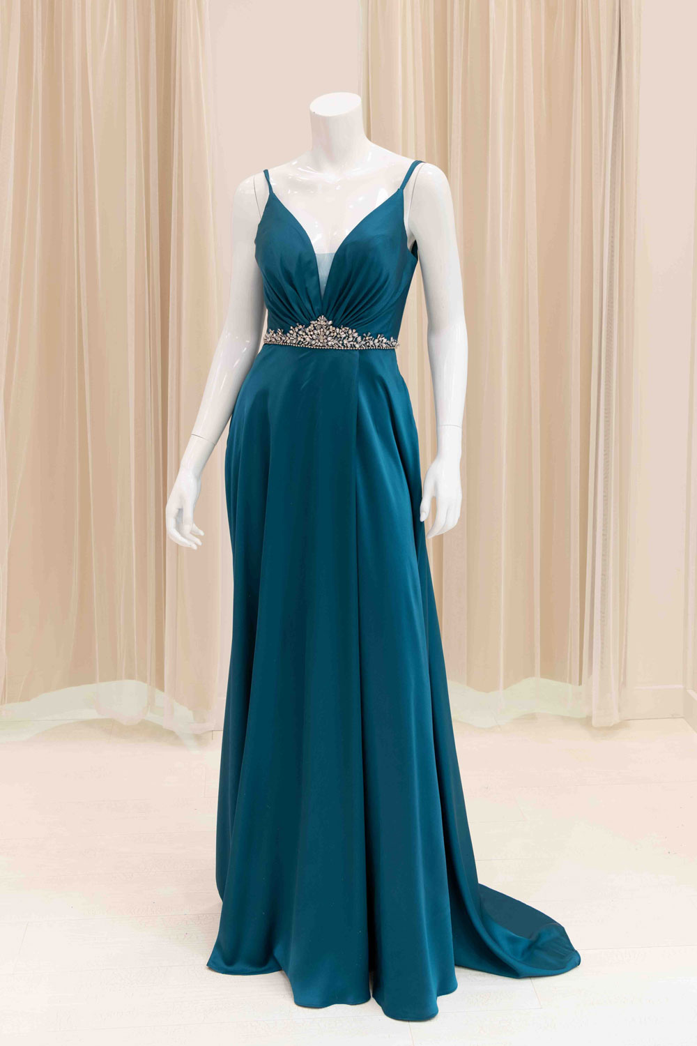 Satin V-Neck Beaded Waist Applique Prom Dress