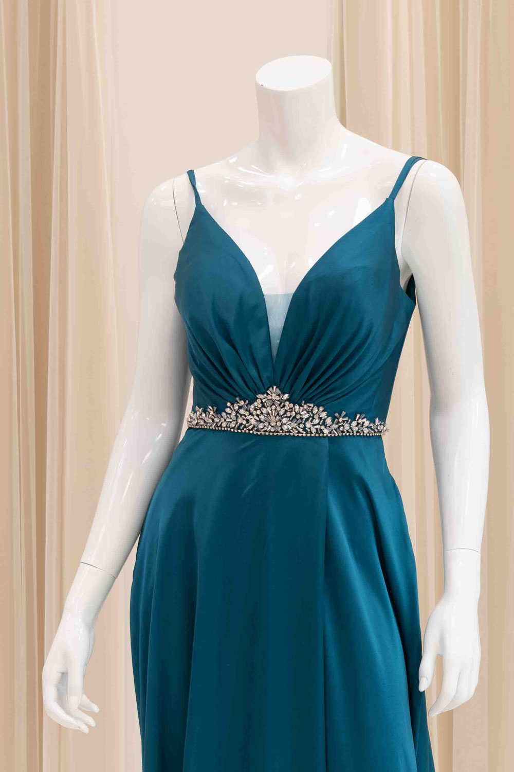 Satin Dress with Crystals at Waist in Teal
