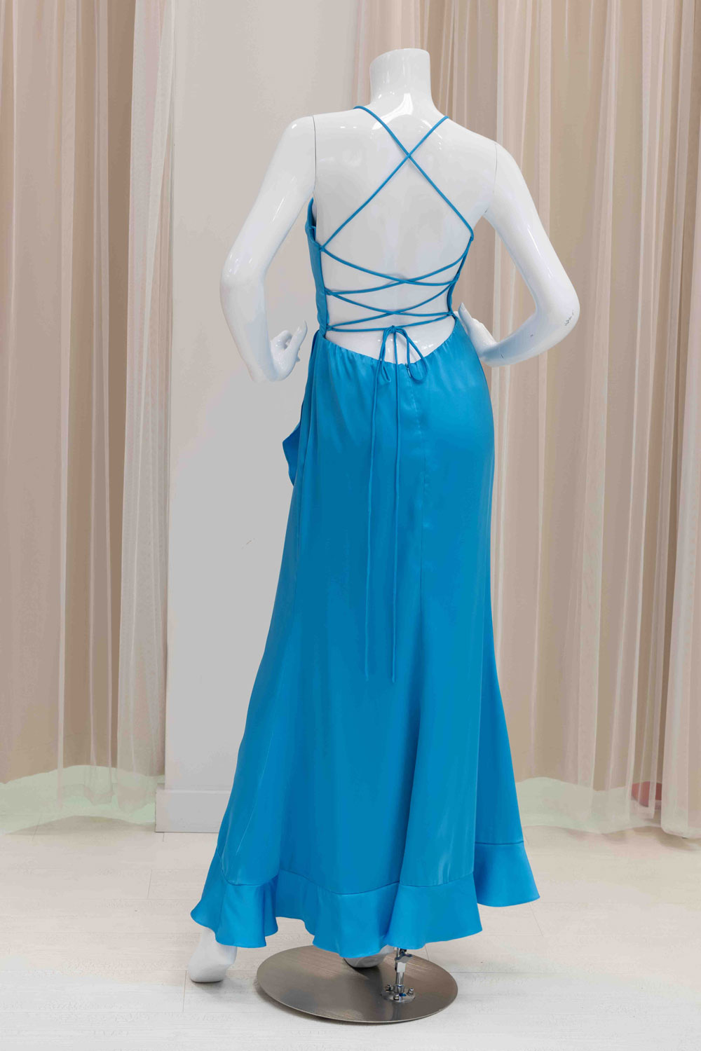 Satin Tie Back Summer Wedding Guest Dress in Sky Blue