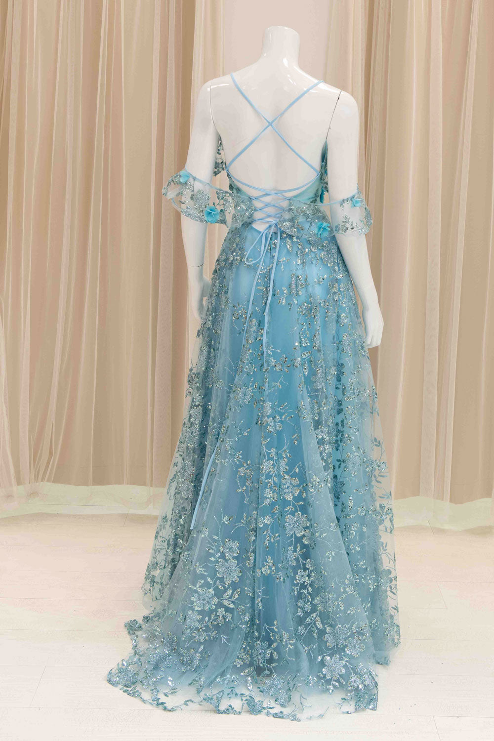 Light Weight A-Line Off Shoulder Prom Dress in Aqua Blue