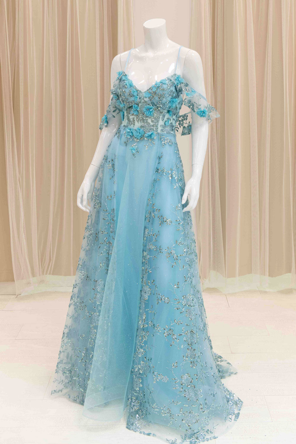 Off Shoulder Glitter 3D Flower Ball Gown in Aqua Blue