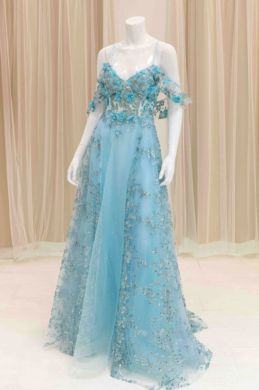 Off Shoulder Glitter 3D Flower Ball Gown in Aqua Blue
