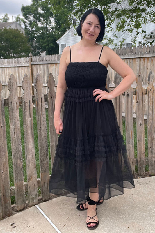 Black Tulle Ruffle Midi Dress