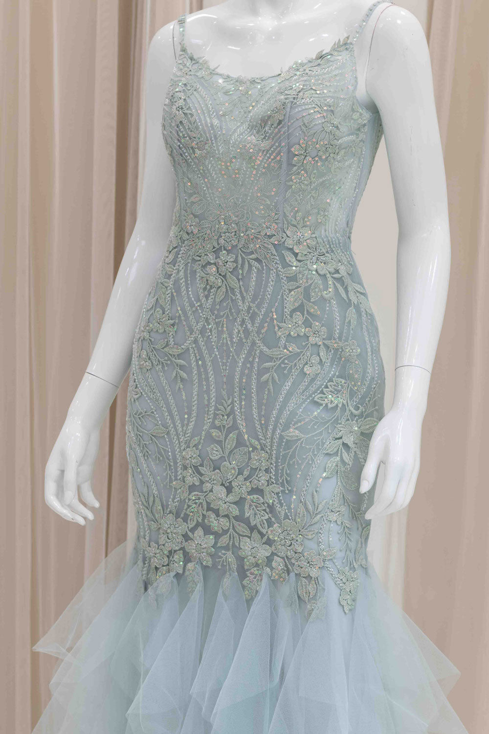 Mermaid Ruffle Bottom Evening Gown in Sage Green