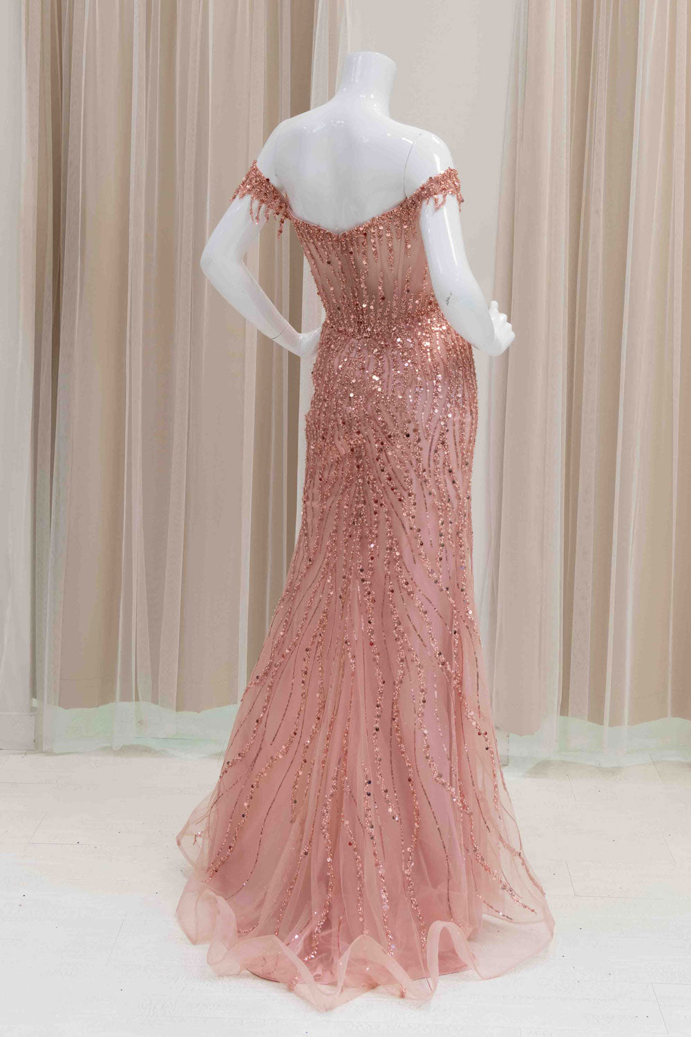 Sequin Off Shoulder Evening Dress in Rose Gold