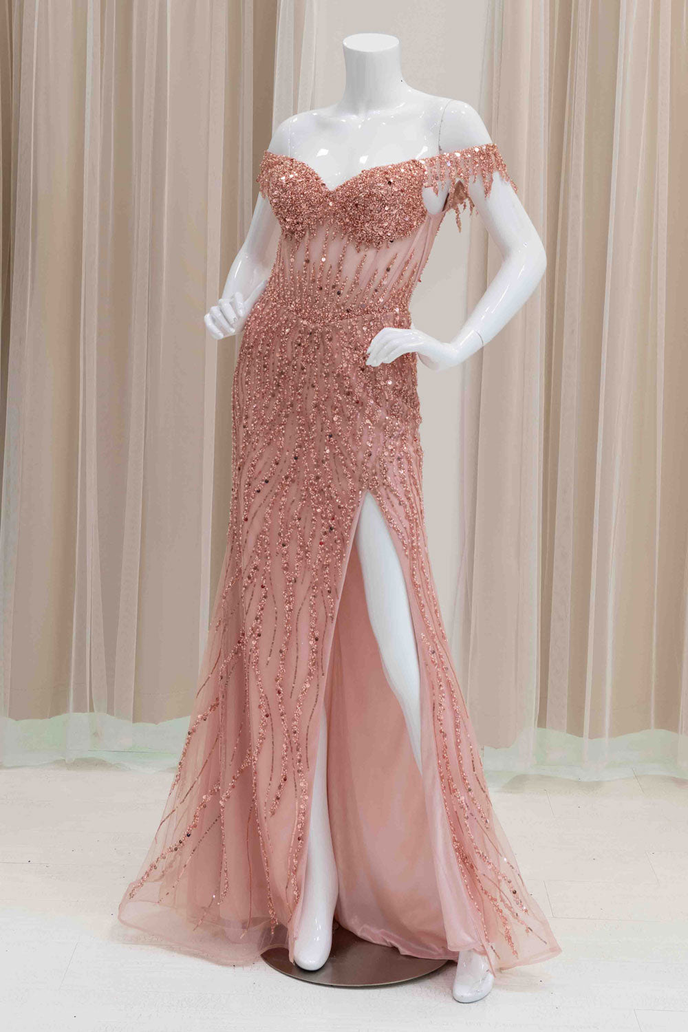Sexy Off-Shoulder Evening Gown in Rose Gold