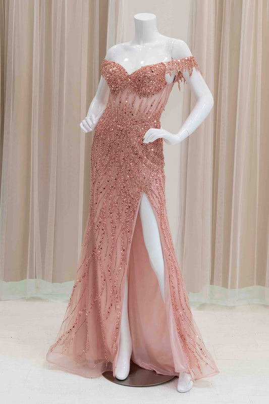Sexy Off-Shoulder Evening Gown in Rose Gold