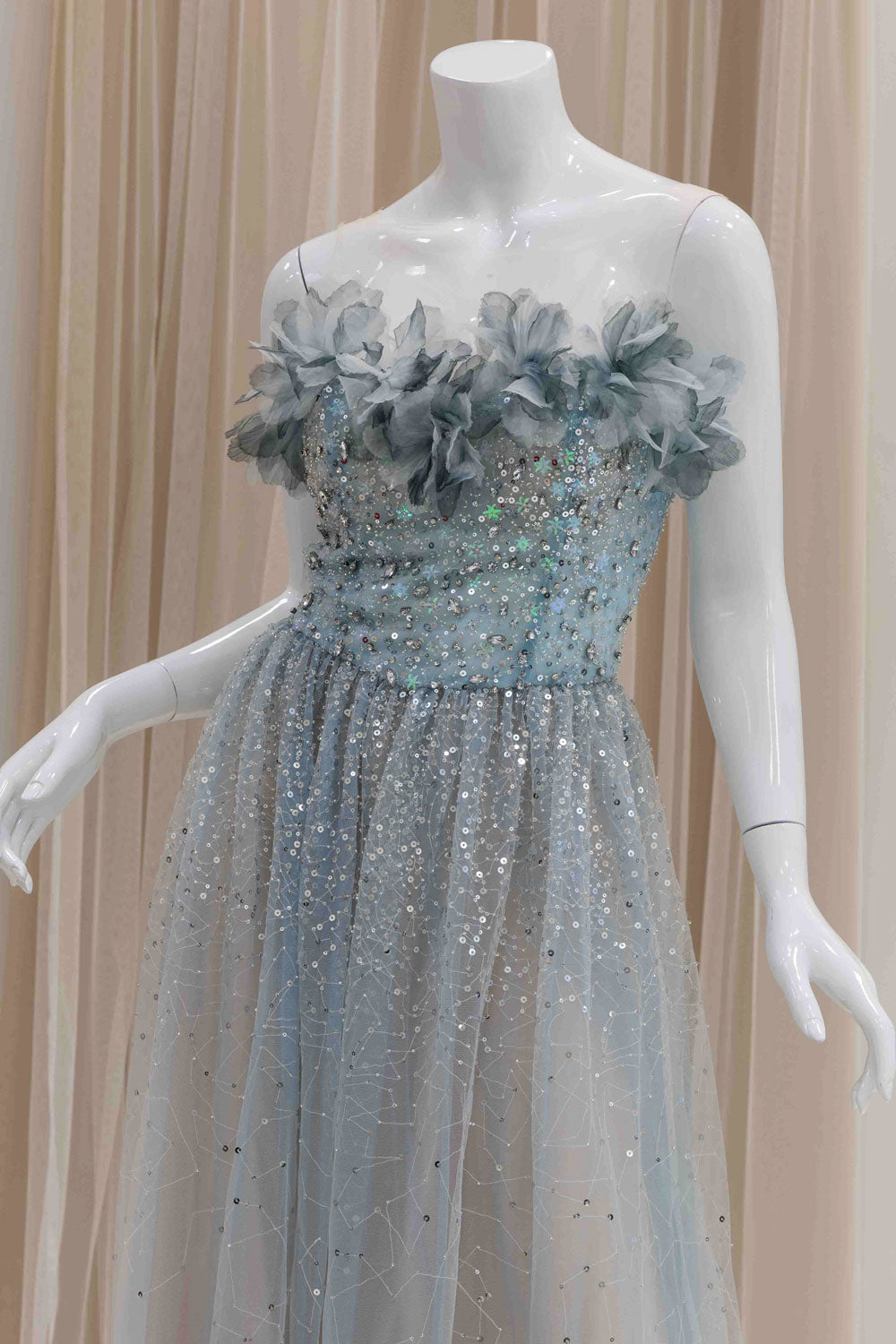 Romantic Tulle Prom Dress in Slate Blue and Nude