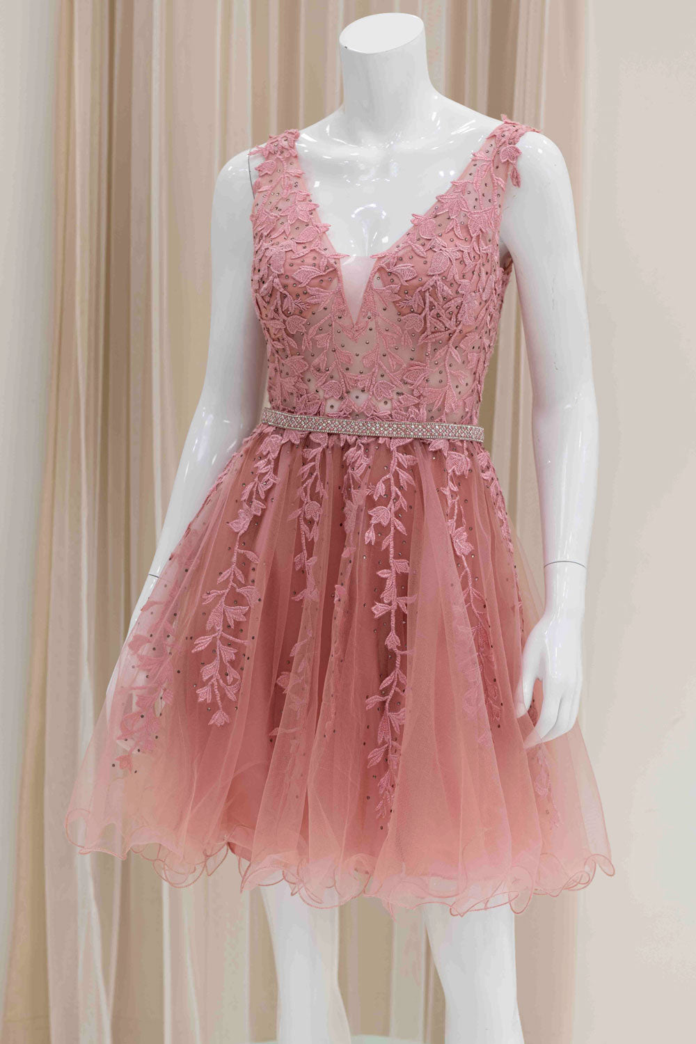 Leaf Applique Short Tulle Dress in Pink