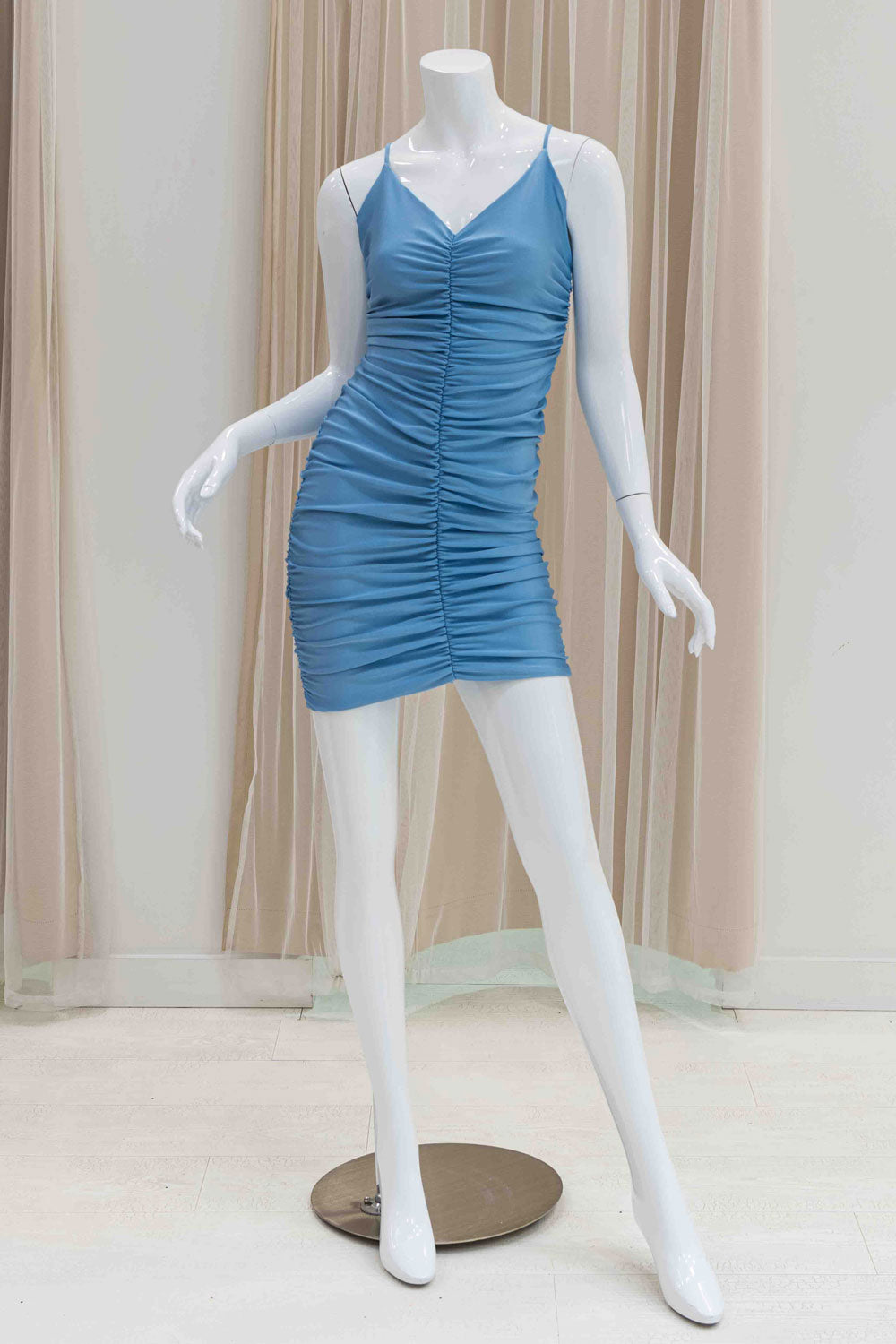 Sexy Ruched Stretch Mini Dress in Light Blue