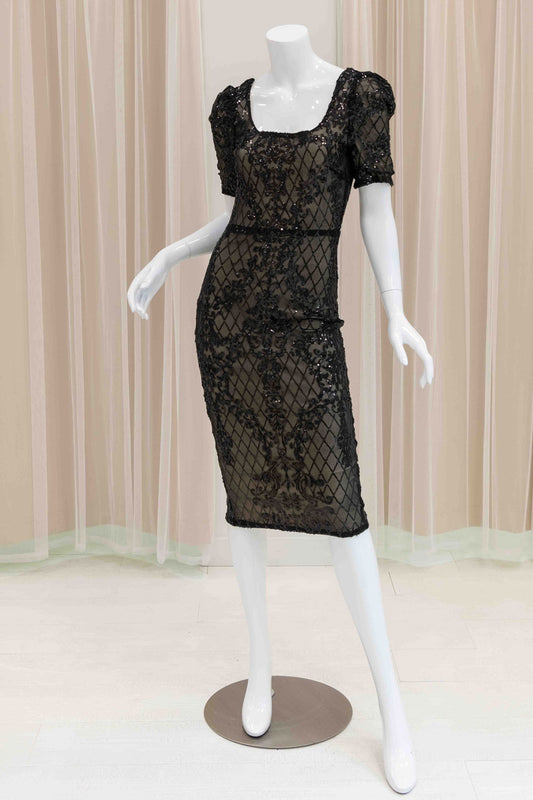 Cup Sleeve Sequin Midi Dress in Black