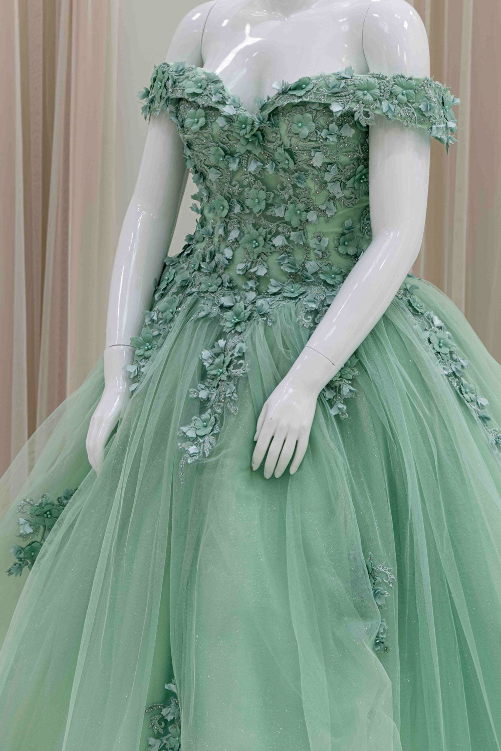 Floral Bodice Off Shoulder Quinceanera Dress in Mint Green