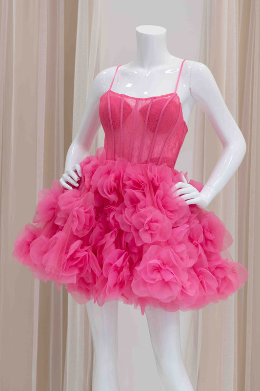 Corset 3D Flower Skirt Hot Pink Fit and Flare Dress