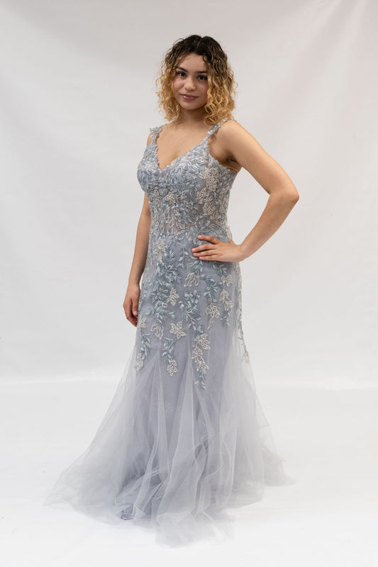 Dusty Blue Tulle Mermaid Prom Gown