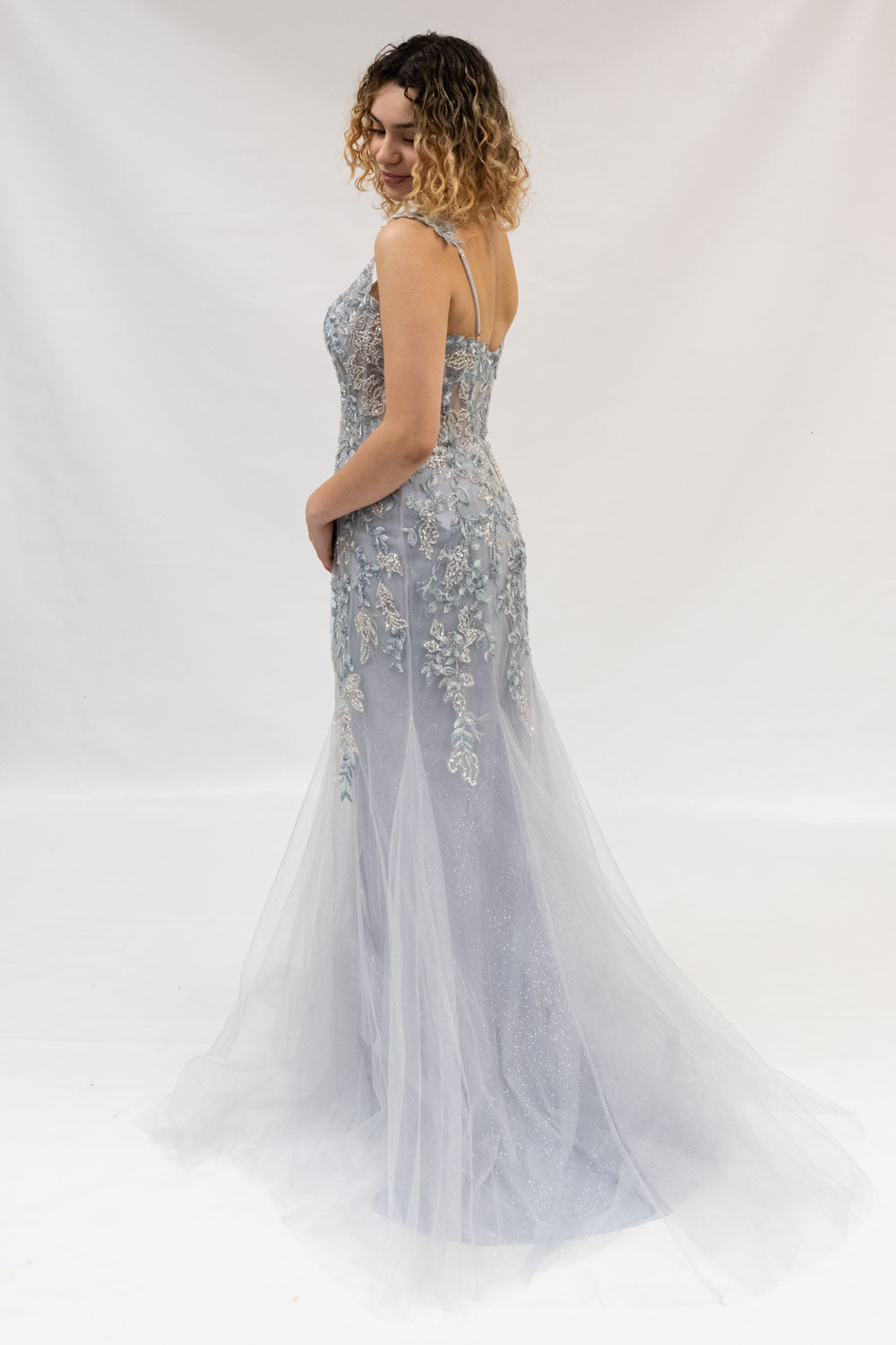 Applique Dusty Blue Prom Gown