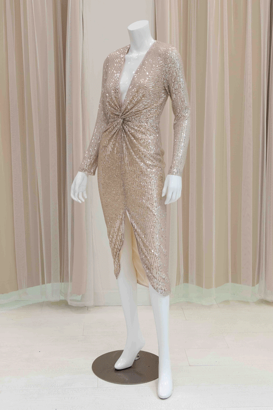 Elegant Long Sleeve Midi Dress in Sequin Silver