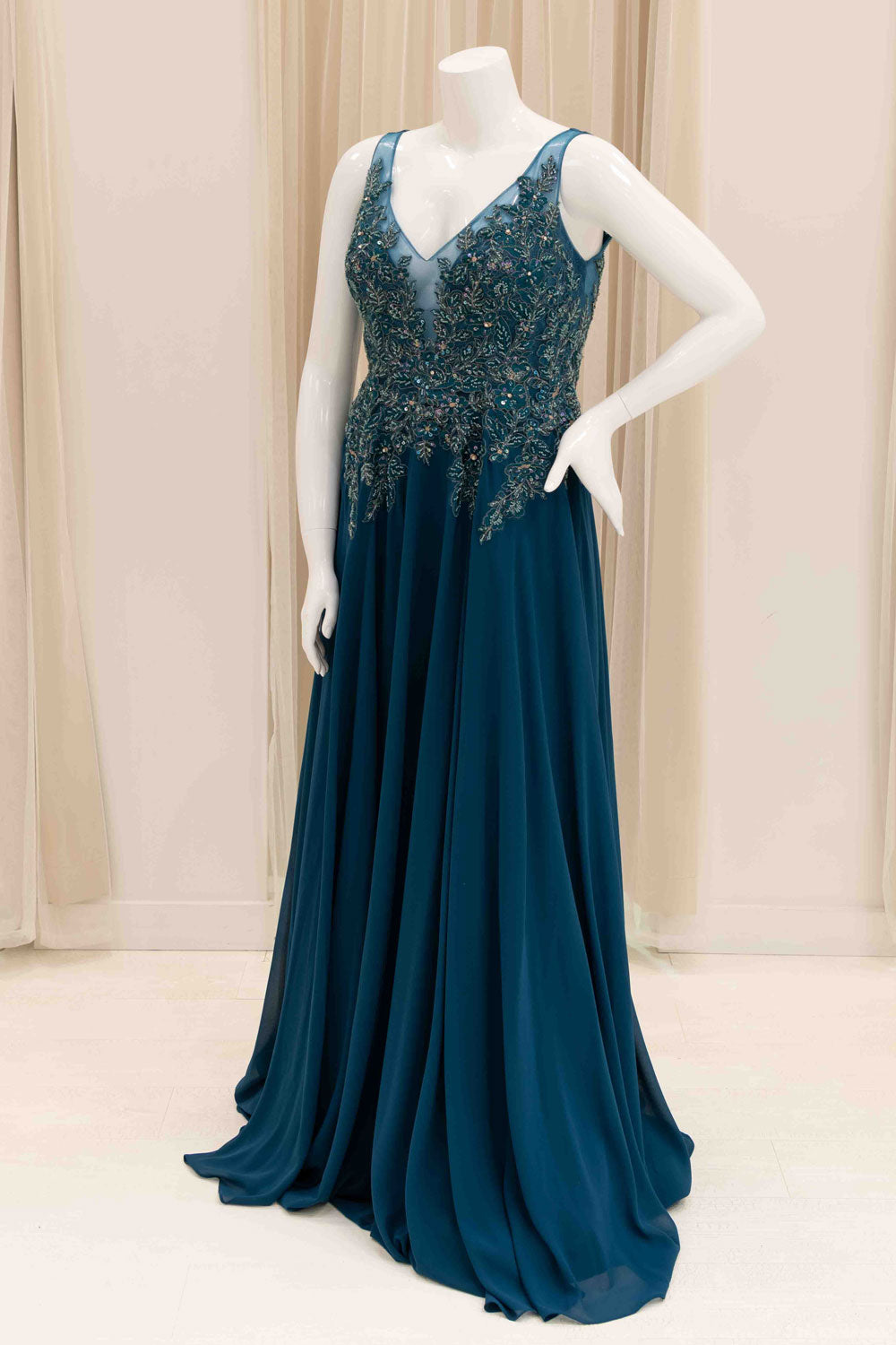 A-line Beaded Bodice Chiffon Skirt Teal evening Gown