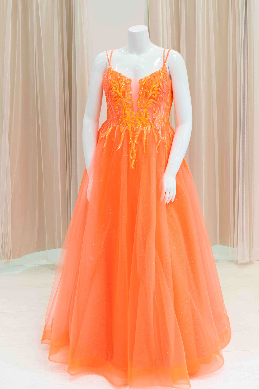 Orange Sequin Bodice Tie Back Ball Gown