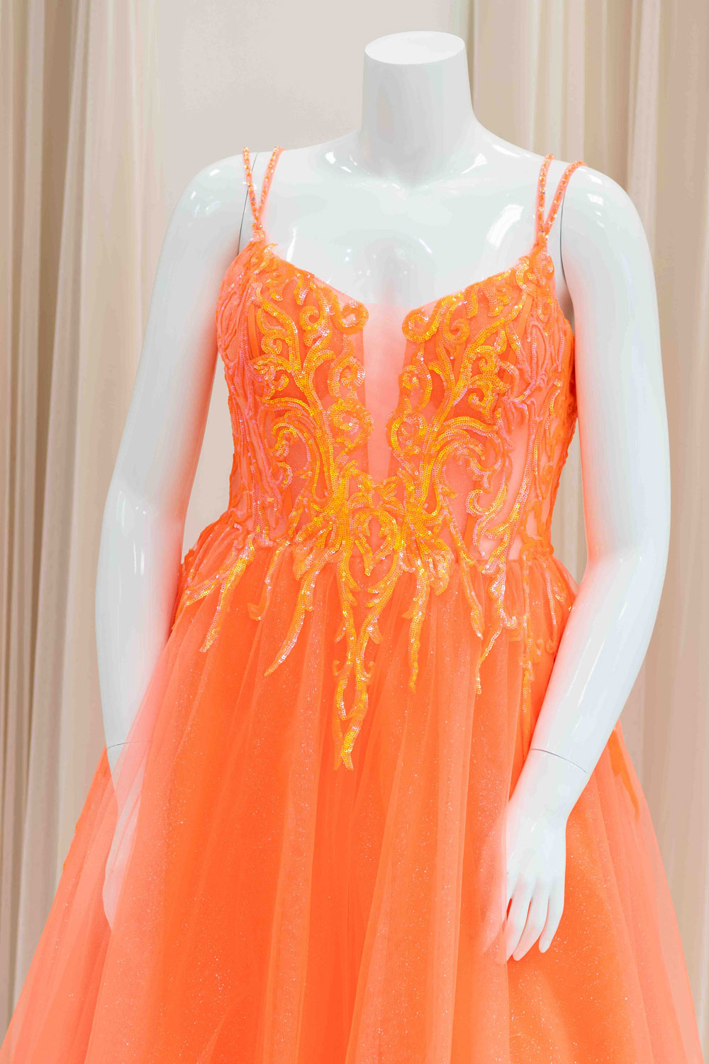 Orange Sequin Bodice Tie Back Prom Gown