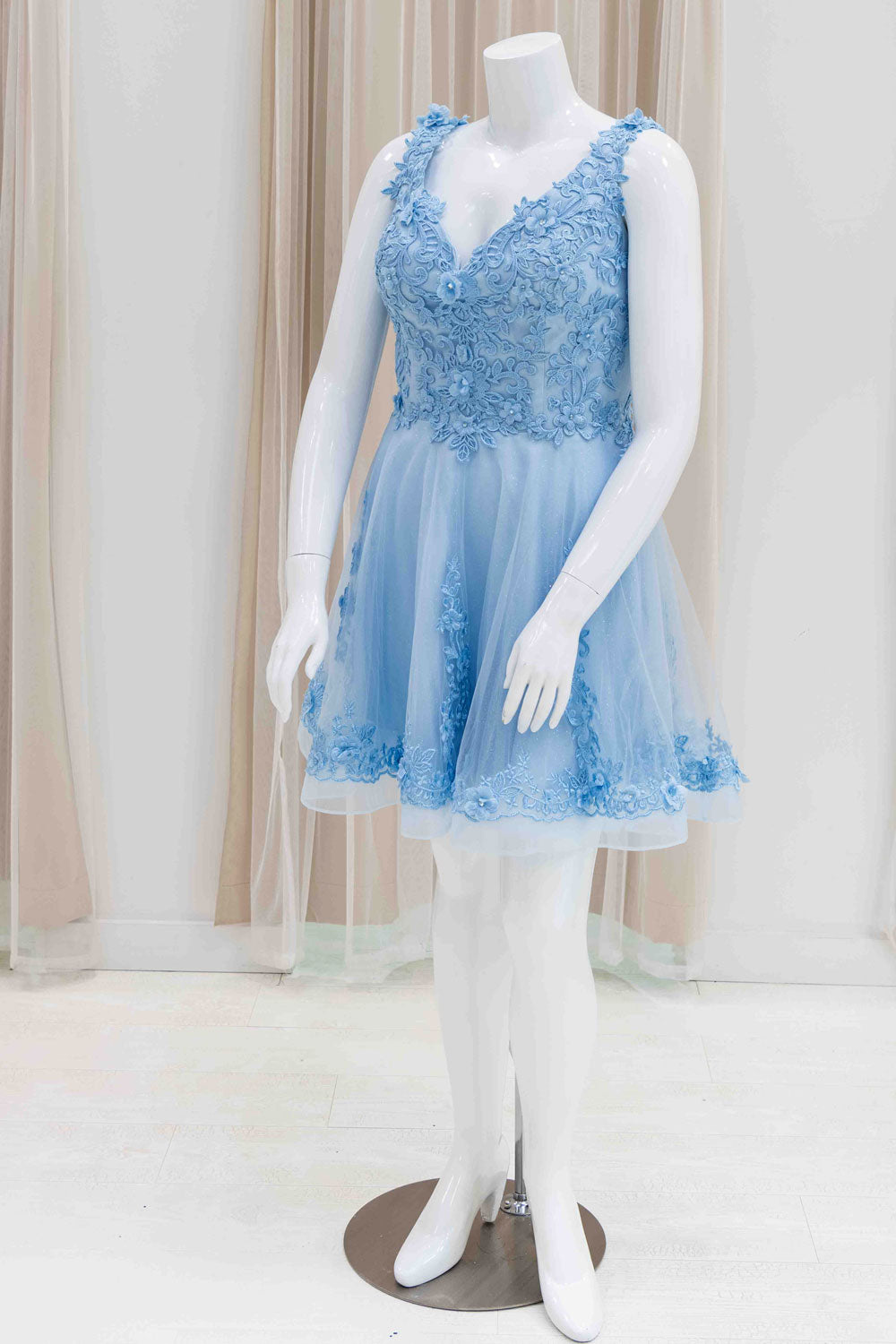 Short Fancy Fit and Flare Cocktail Dress in Baby Blue
