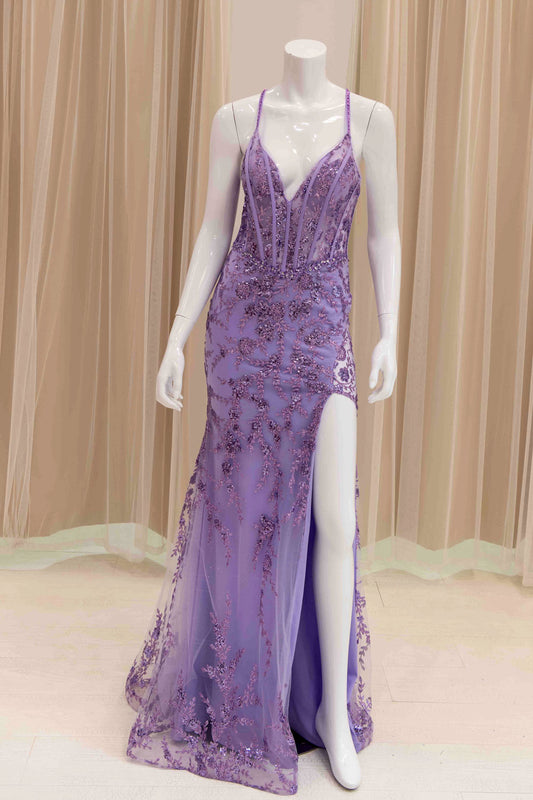 Strappy Back Glitter Evening Gown with Slit
