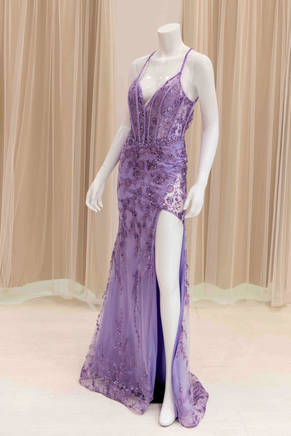 Dramatic Slit Glitter Prom Gown in Lavender