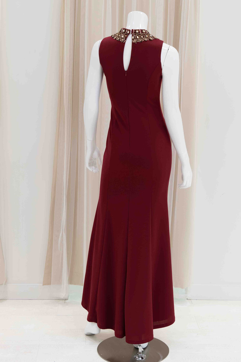 Beaded Collar High-Low Evening Gown in Burgundy