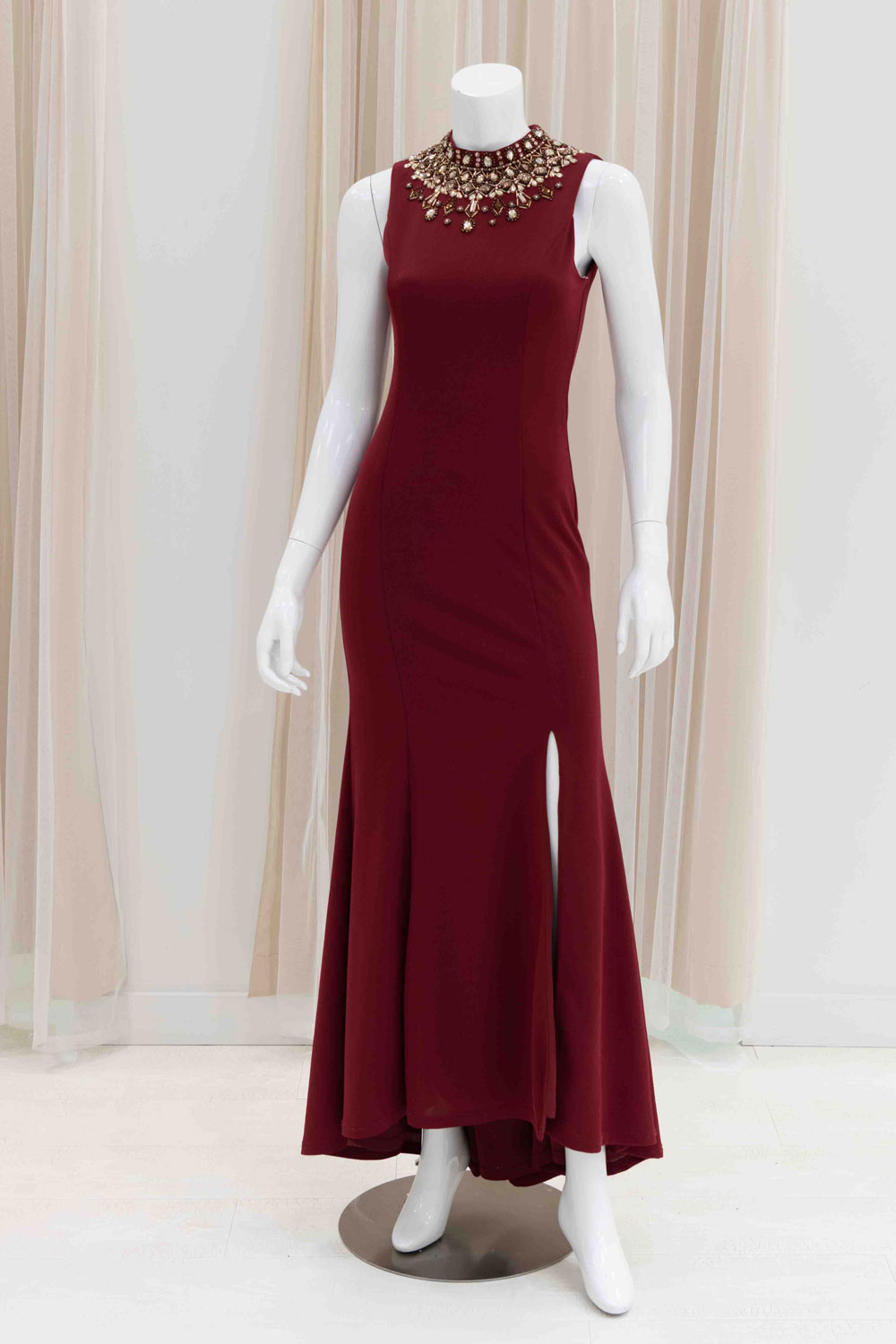 Beaded Collar Form Fitting Evening Gown in Burgundy