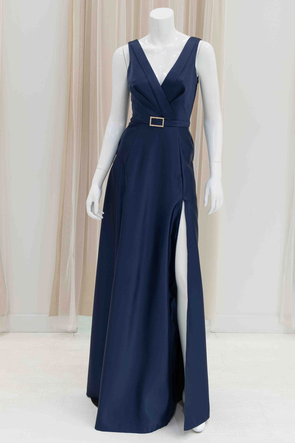 Simple Navy Blue Evening Gown with Slit and Pockets