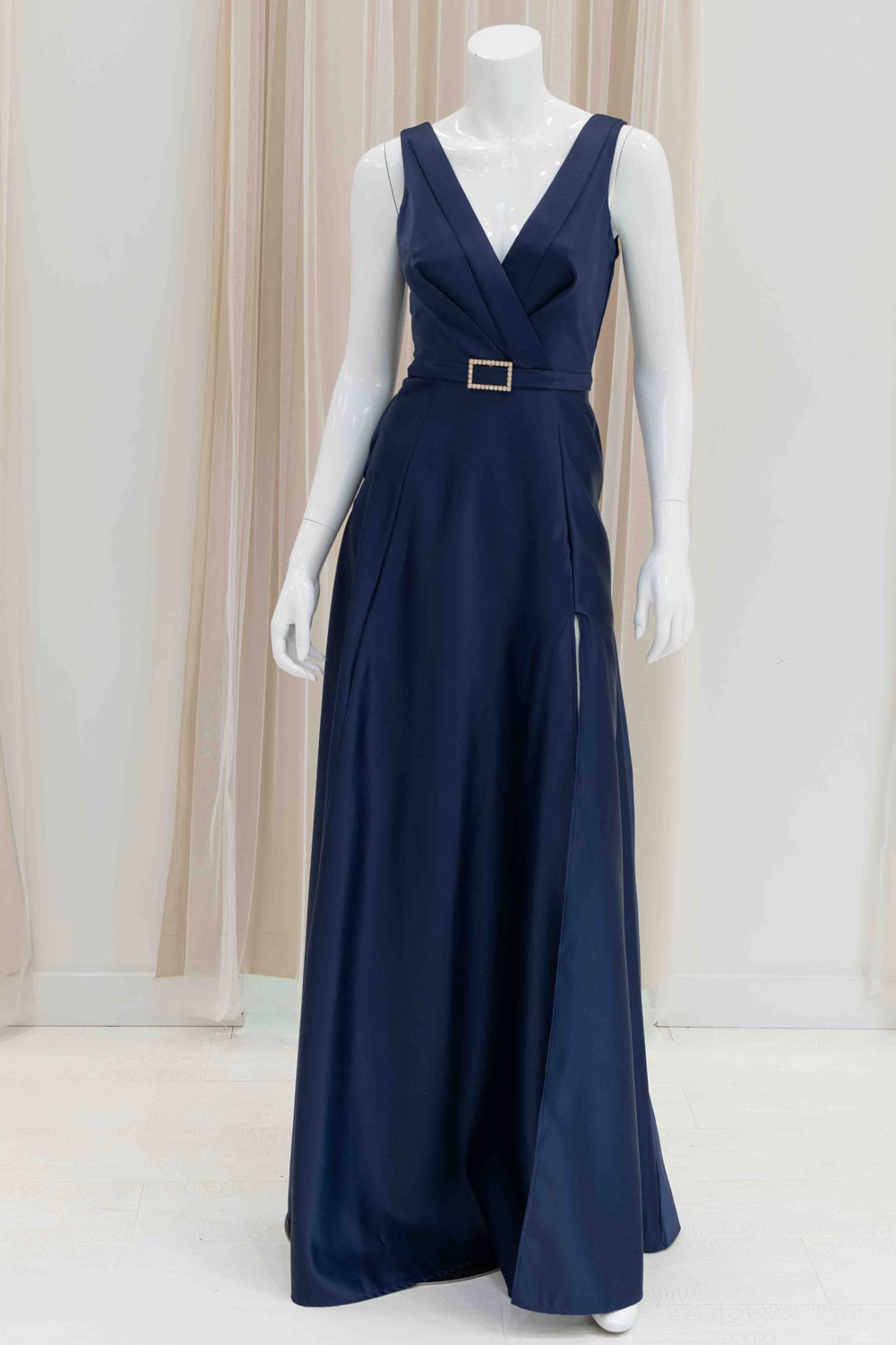 Satin V-Neck Belted Evening Gown with Slit in Navy Blue