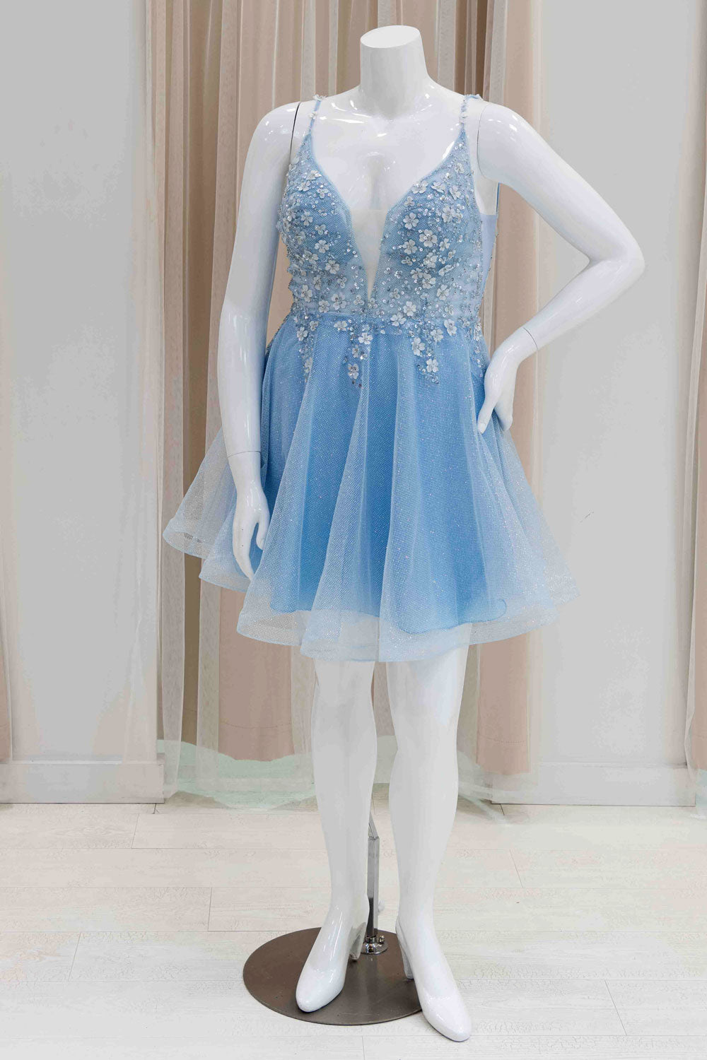 3D Flower Bodice Baby Blue Glitter Cocktail Dress
