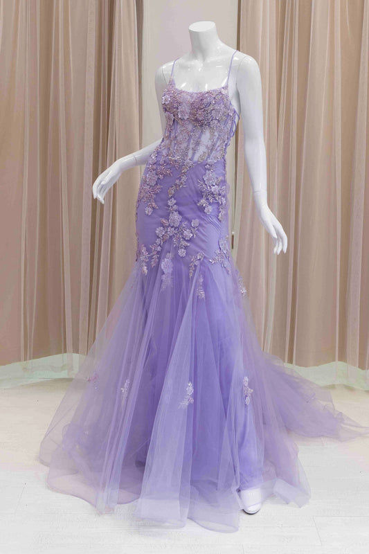 Lavender Floral Applique  Tie Back Mermaid Dress