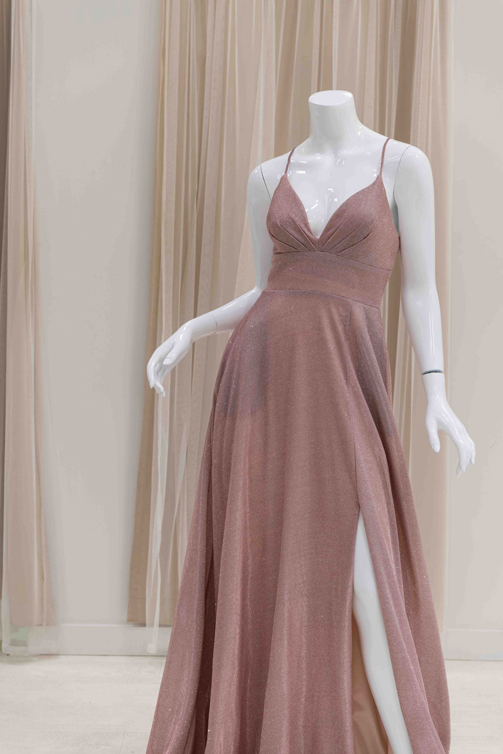 Simple Glitter Rose Gold Prom Dress with Pockets