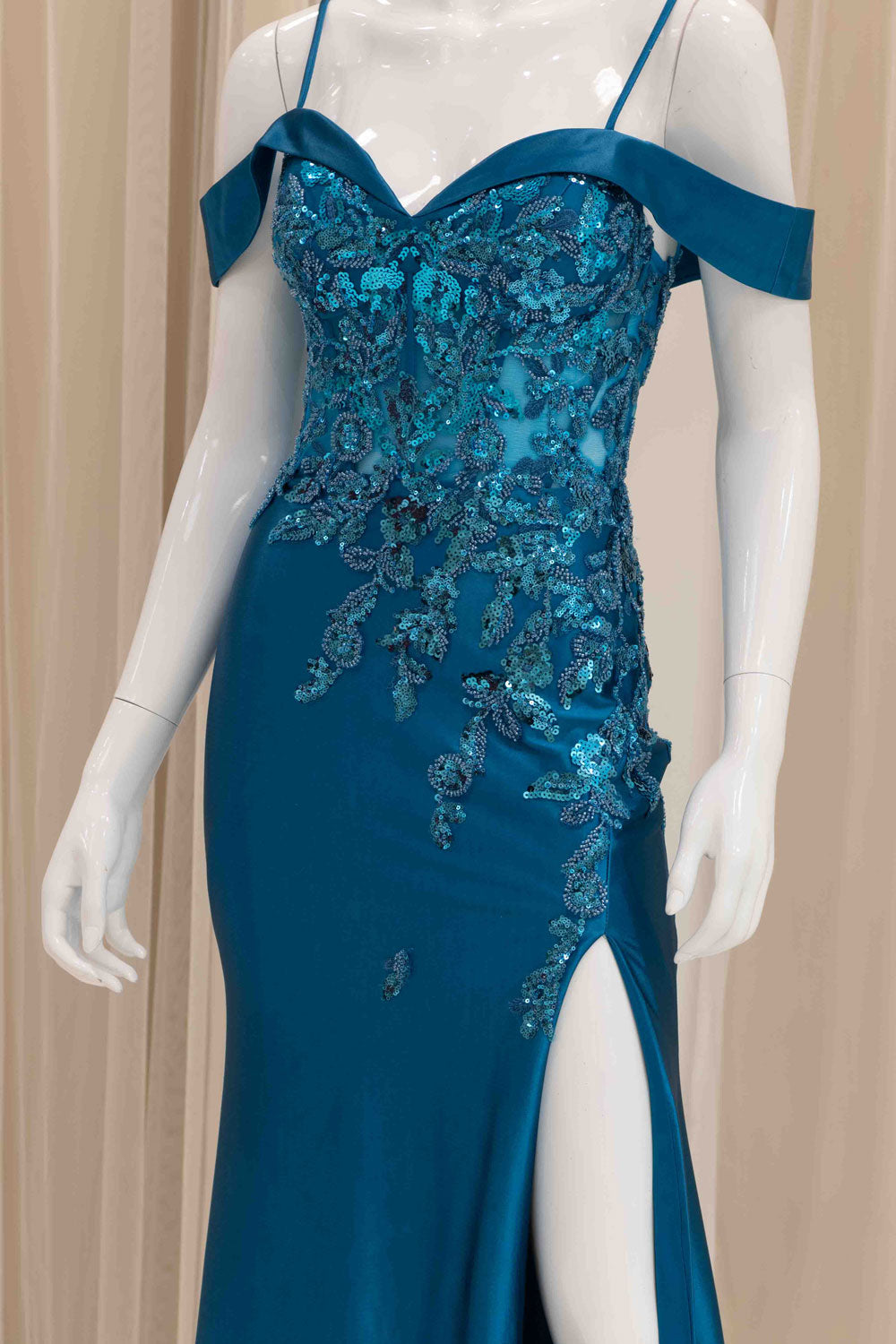 Off Shoulder Satin Prom Gown in Teal