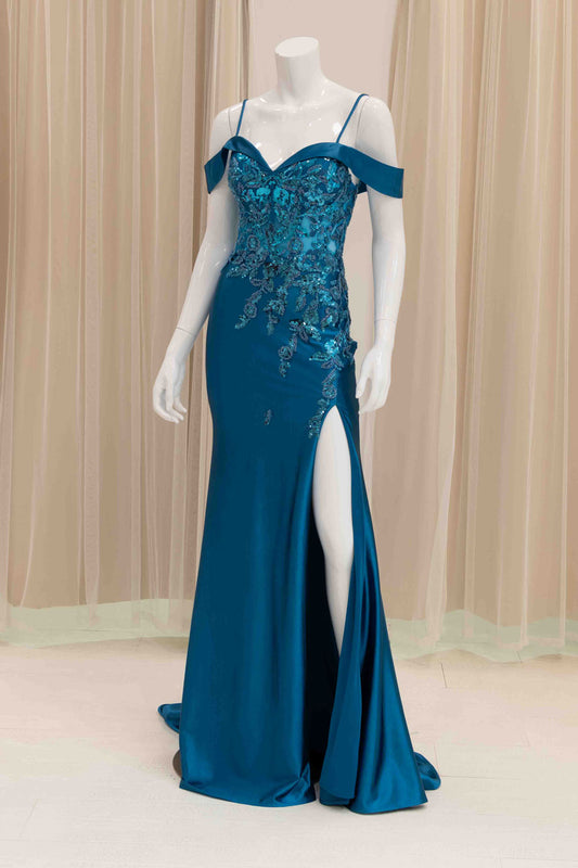 Teal Off Shoulder Satin Evening Gown