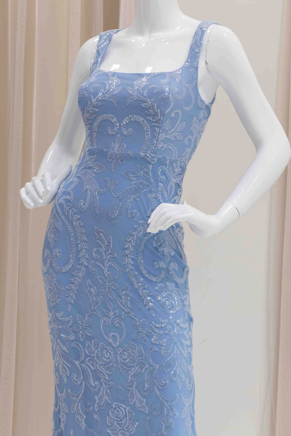 Wide Straps Tie Back Stretch Sequin Evening Dress in Light Blue